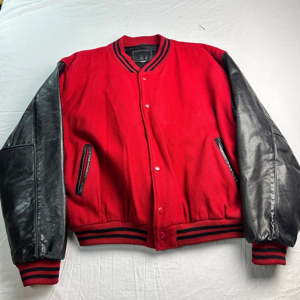 GAP Vintage Mens Red Wool Black Leather Sleeve Varsity Letterman Jacket XL